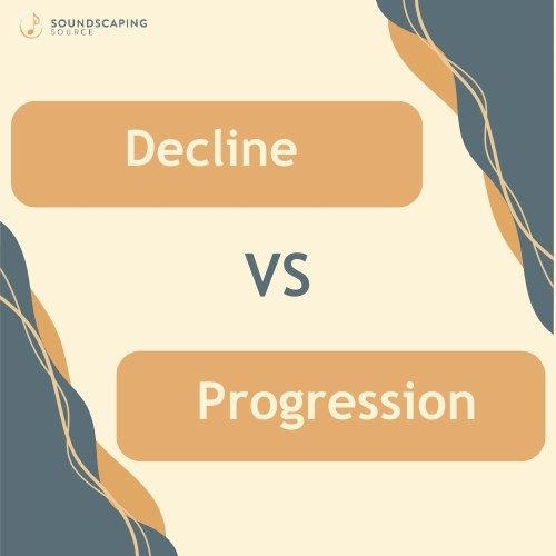Yellow and blue square image that reads: Decline VS Progression